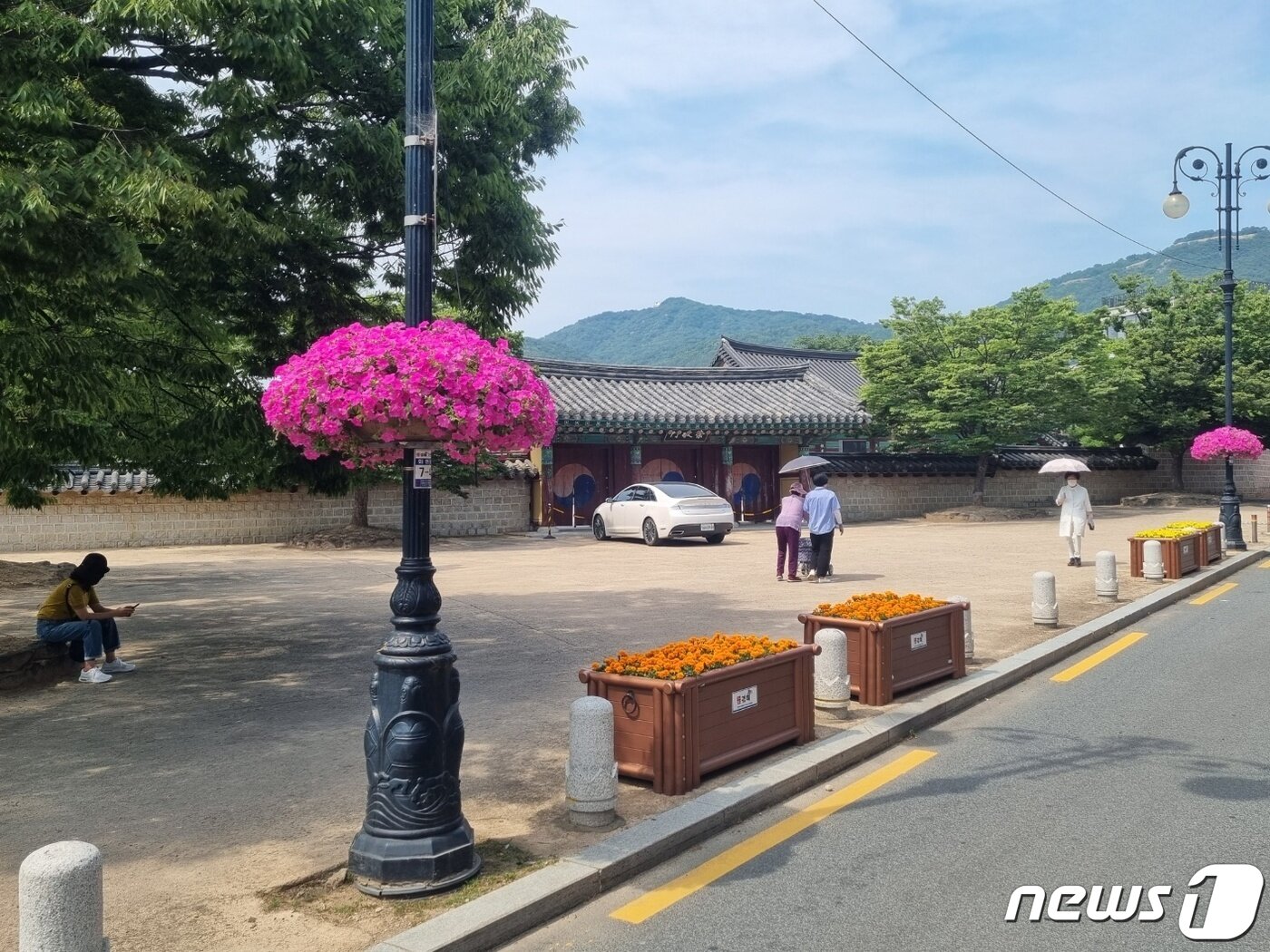 본문 이미지 - 낮 최고기온이 30도를 웃돈 경남 김해 동상동 김수로왕릉 앞 거리에 양산을 쓴 시민이 길을 가고 있다. 2023.6.19. ⓒ 뉴스1 이현동 기자