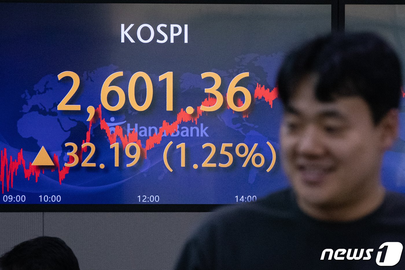 본문 이미지 - 2일 서울 중구 하나은행 명동점 딜링룸 전광판에 코스피 지수가 전 거래일 대비 32.19포인트(1.25%) 상승한 2601.36을 나타내고 있다. 코스피가 종가 기준으로 2600선을 넘어선 것은 지난해 6월9일 이후 처음이다. 2023.6.2/뉴스1 ⓒ News1 유승관 기자