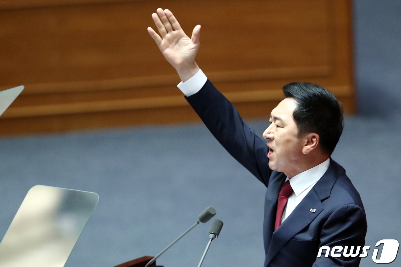 본문 이미지 - 김기현 국민의힘 대표가 20일 오전 서울 여의도 국회에서 열린 제407회 국회(임시회) 제5차 본회의에서 국정에 관한 교섭단체 대표연설을 하고 있다. 2023.6.20/뉴스1 ⓒ News1 황기선 기자