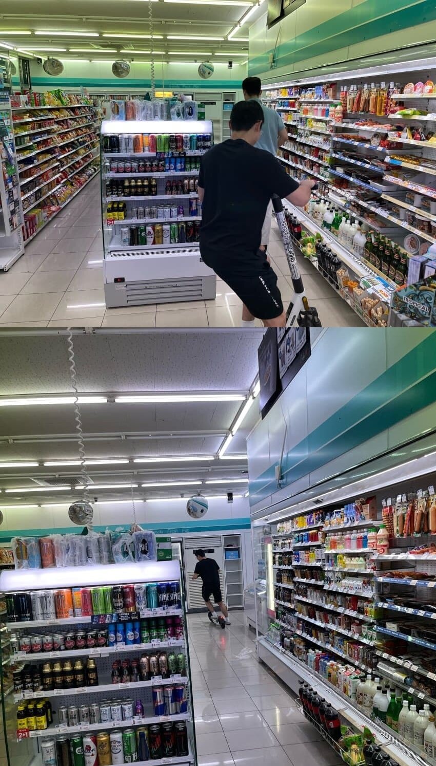 본문 이미지 - 편의점 내에서 전동킥보드를 타고 활보한 주취자 두 명. (디시인사이드 '편의점 갤러리')