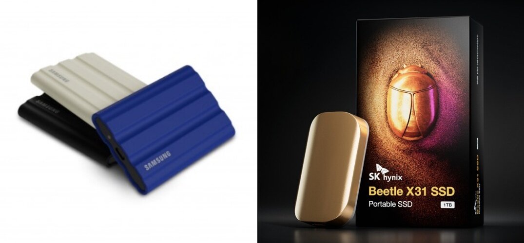 본문 이미지 - 삼성전자 포터블 SSD &#39;T7 실드&#39;&#40;왼쪽&#41;, SK하이닉스  &#39;비틀 X31&#39;&#40;오른쪽&#41;.  &#40;각 사 제공&#41;