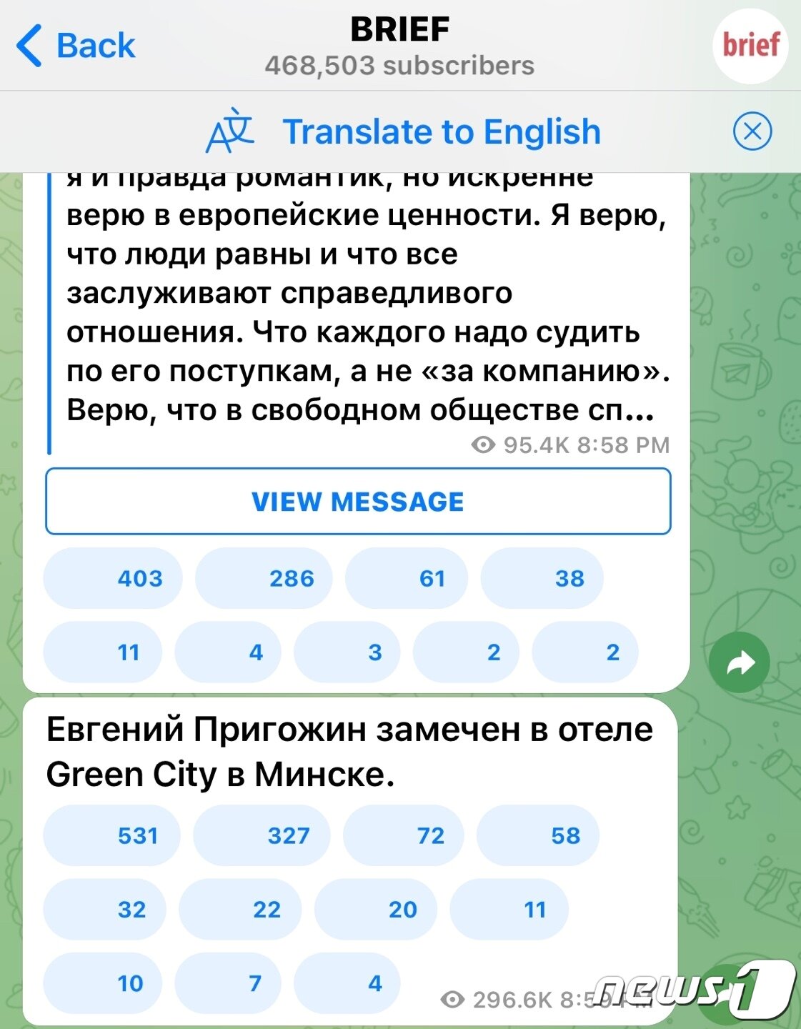 본문 이미지 - 텔레그램 채널 브리프(Brief)에 올라온 예브게니 프리고진의 목격담.(텔레그램 갈무리).