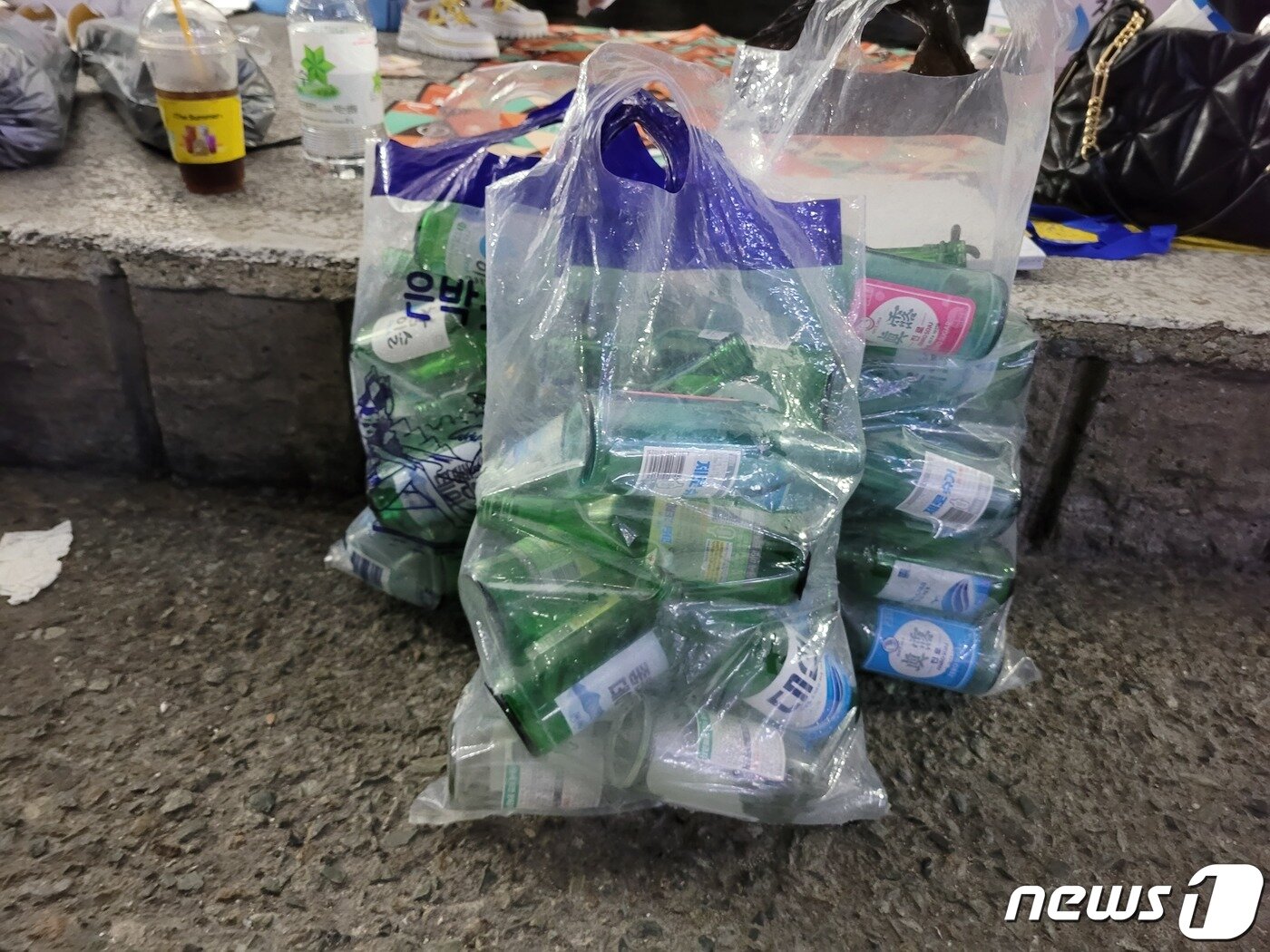 본문 이미지 - 24일 민락수변공원에서 수집된 30여개 빈 술병. 2023.6.27/뉴스1 ⓒ News1 조아서 기자