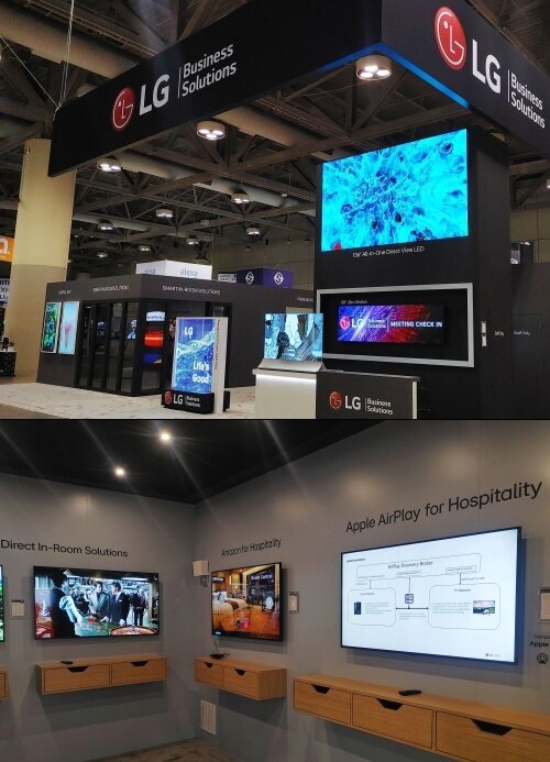 본문 이미지 - 27일(현지시간) 캐나다 토론토에서 개최된 'HITEC 2023(호텔산업기술박람회)'에 전시된 LG전자 호텔 TV 등 호스피탈리티 솔루션. (LG전자 글로벌 뉴스룸 갈무리)