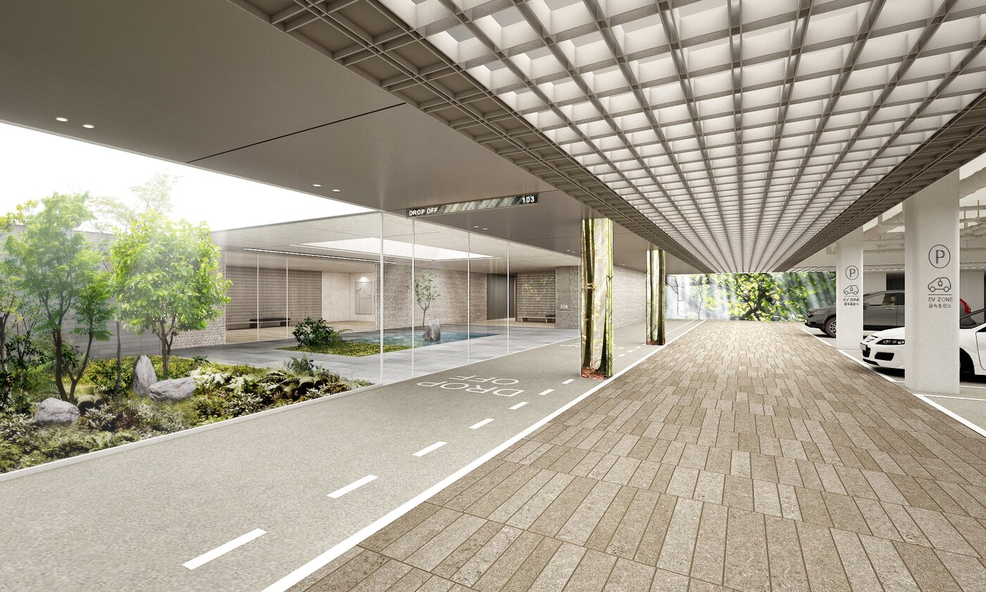 본문 이미지 - 지하주차장 드롭오프 존 식물 및 미디어월 배치 이미지./포스코이앤씨 제공