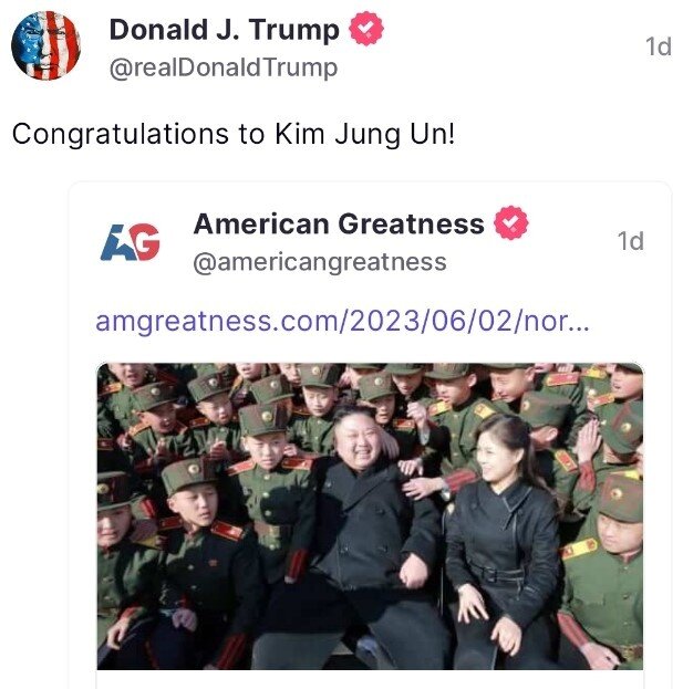 본문 이미지 - 도널드 트럼프 전 대통령이 지난 2일(현지시간) 자신의 소셜미디어인 트루스소셜에 북한의 세계보건기구(WHO) 집행이사국 선출과 관련해 축하 메시지를 게재했다.