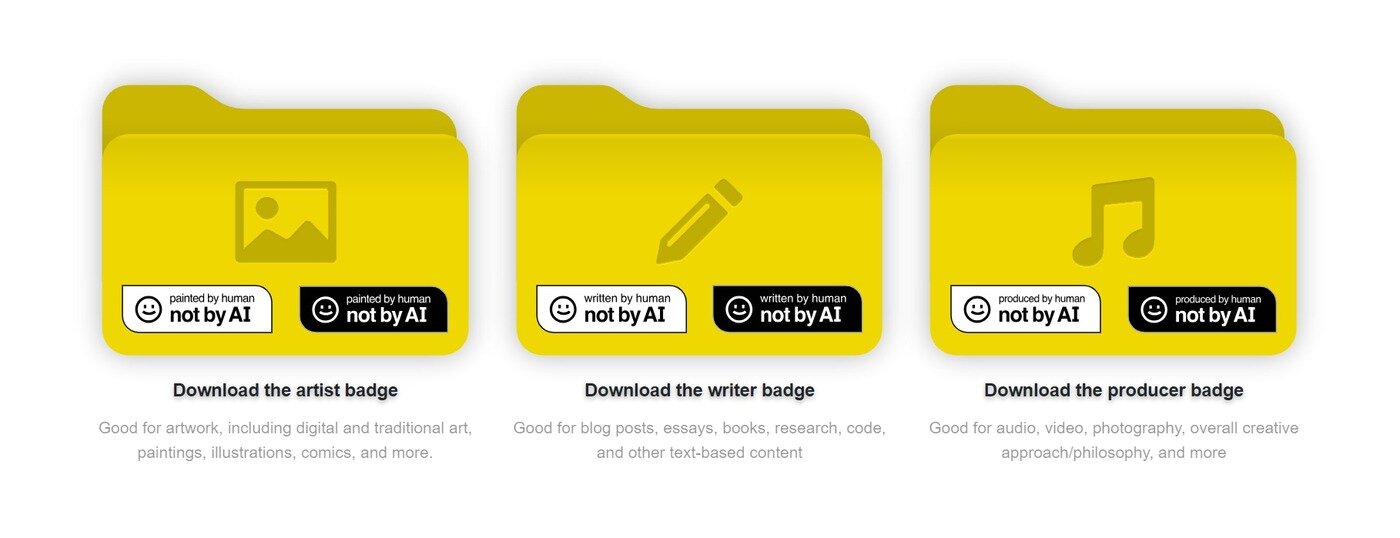 본문 이미지 - 사람의 창작물임을 배지로 표시하자는 &#39;낫 바이 AI&#39;&#40;Not By AI&#41; 프로젝트 &#40;낫 바이 AI 프로젝트 사이트 갈무리&#41;