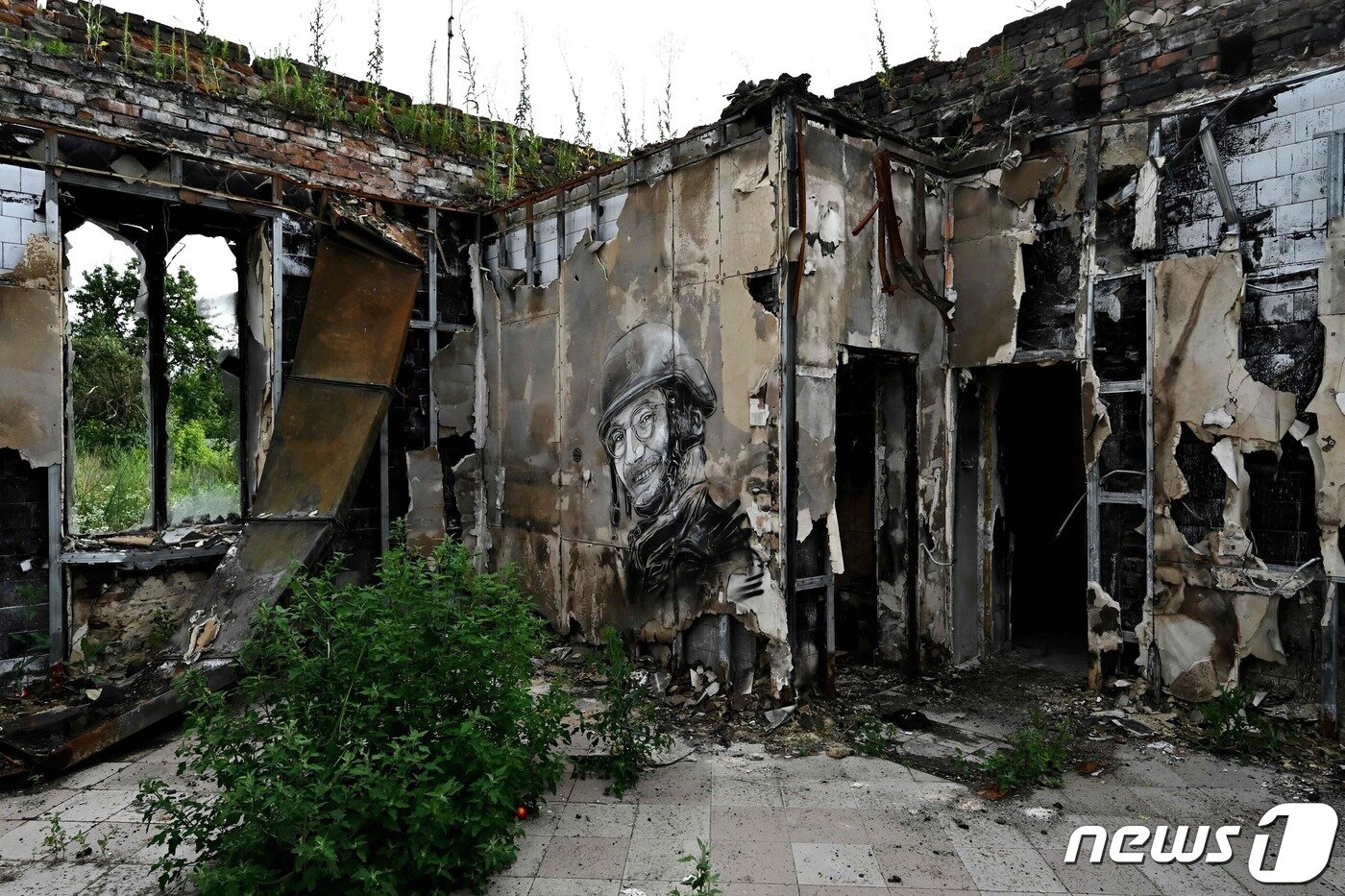 본문 이미지 - 8일 (현지시간) 우크라이나 체르니히우 야기드네에서 러시아 군의 포격을 받아 파괴된 카페의 벽에 취재 중 숨진 AFP 기자 아르만 솔딘의 초상화가 그려져 있다. 2023.7.10 ⓒ AFP=뉴스1 ⓒ News1 우동명 기자