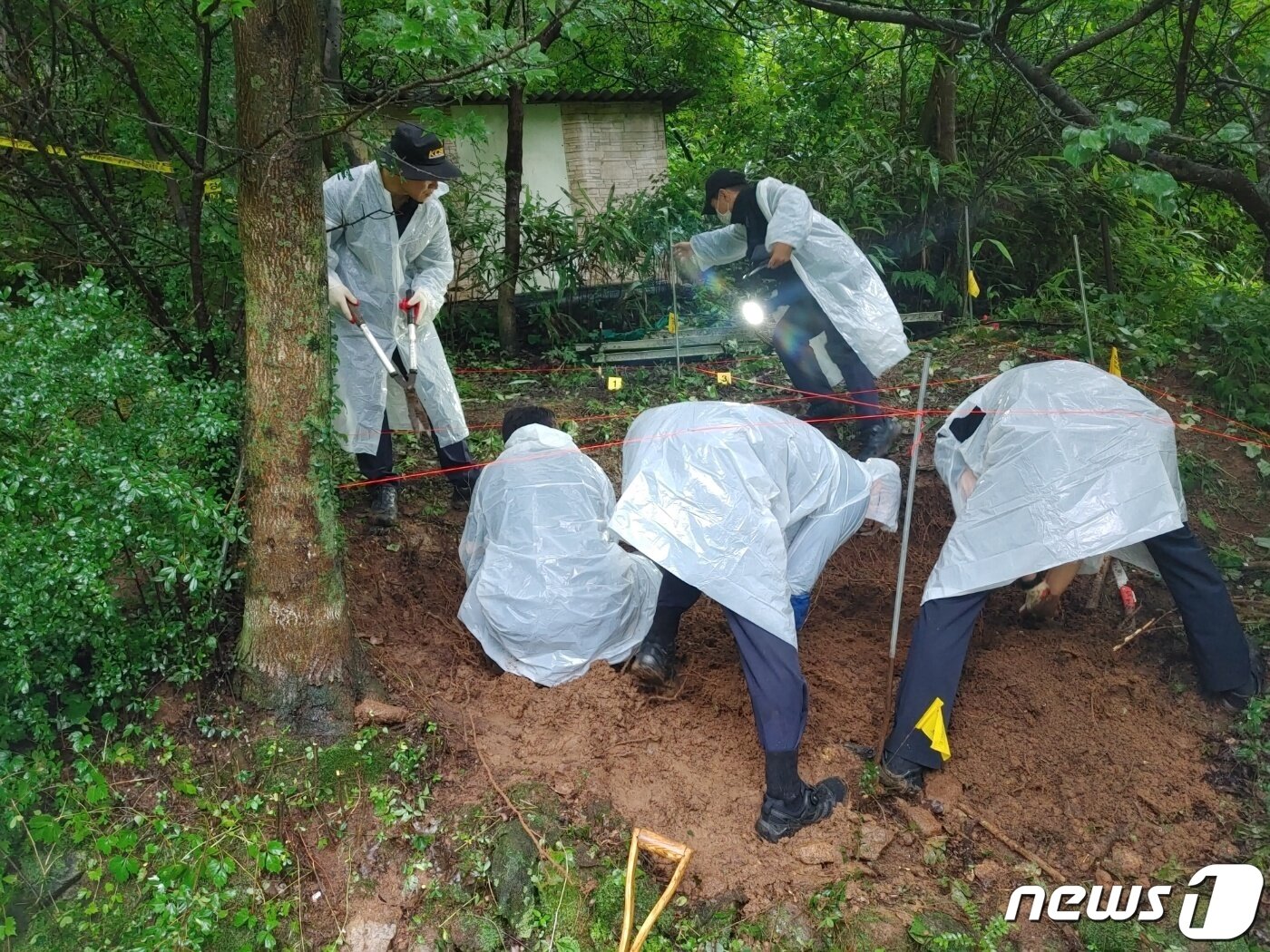 본문 이미지 - 전남경찰청이 30대 친모 A씨가 암매장 했다고 주장한 영아의 시신을 발굴하기 위해 전남 광양 한 야산에서 수색 작업을 벌이고 있다.(전남경찰청 제공) 2023.7.11/뉴스1