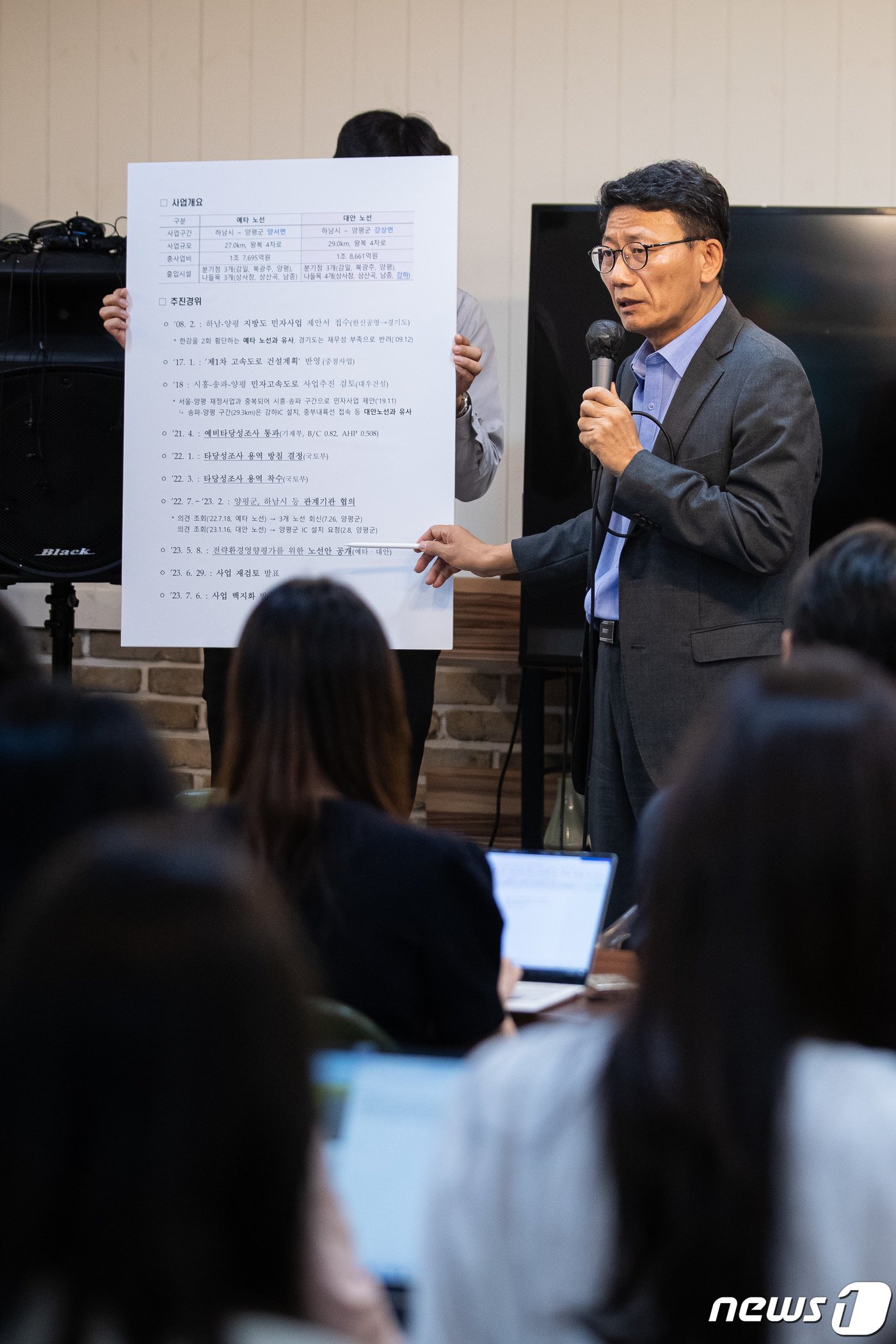 (양평=뉴스1) 유승관 기자 = 이용욱 국토교통부 도로국장이 13일 경기 양평군 양서면 서울-양평고속도로 예타 노선(원안) 종점 JC 인근에서 출입기자단에게 사업 관련 내용을 설명 …