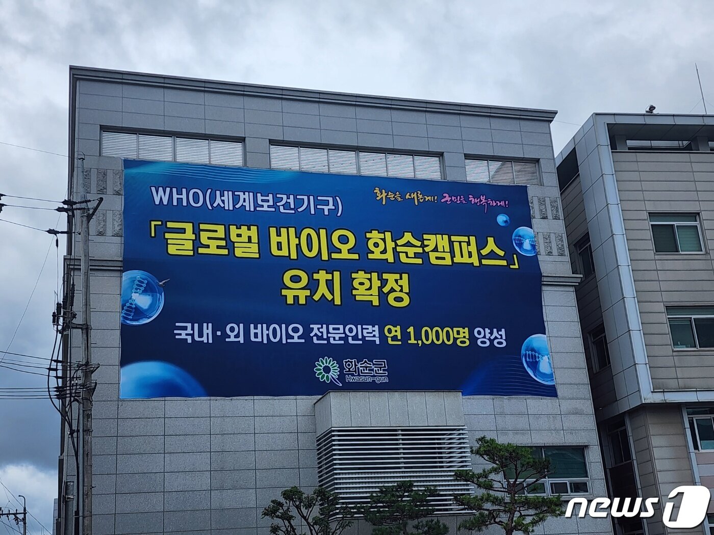 본문 이미지 - 화순군이 WHO 바이오캠퍼스 지정을 기념해 현수막을 내걸었다./뉴스1