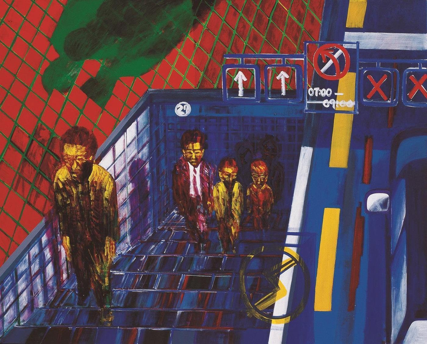 본문 이미지 -  〈숙대 입구 07:00-09:00〉, 1991, 캔버스에 아크릴릭, 비닐 기법, 180&times;230cm. &#40;아트선재센터 제공&#41;