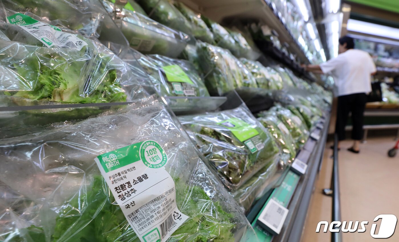 본문 이미지 - 17일 서울 한 시내 대형마트에서 시민들이 상추, 시금치 등 채소를 구매하고 있다.  2023.7.17/뉴스1 ⓒ News1 김성진 기자