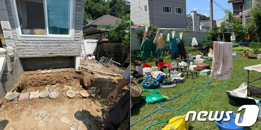본문 이미지 - 40년 전 사용했던 기름보일러(기름통)이 폭우로 떠올라 드러난 공간(왼쪽). 젖은 집기를 꺼내놓고 빨래를 말리는 모습(오른쪽).  2023.7.19/뉴스1 ⓒ News1 강태우 기자 