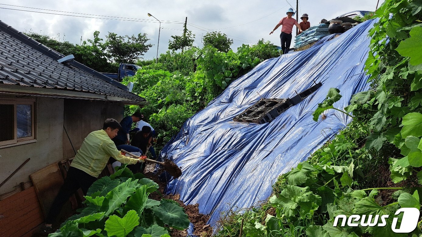 전북 고창군 곳곳에서 수해의 흔적을 지우기 위한 민관군 합동 복구작업이 한창 진행되고 있다. 대산면사무소 직원들과 면민회, 주민자치위웒회, 대산면방재단원들이 주택 뒤 절개지에 방수포를 씌우고 있다.&#40;고창군 제공&#41;2023.7.19/뉴스1 