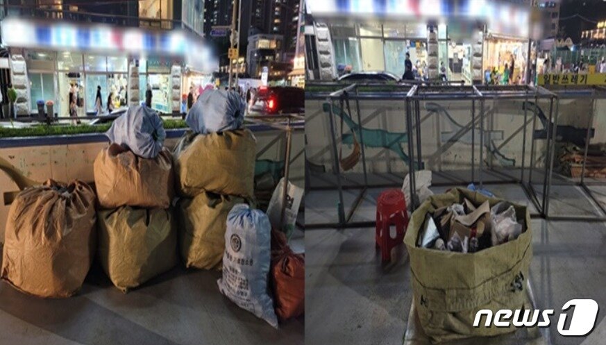 본문 이미지 - 민락수변공원 내 쓰레기 수거 구역. 금주구역 지정 전(왼쪽)과 후 모습.2023.7.2/뉴스1 ⓒ News1 조아서 기자