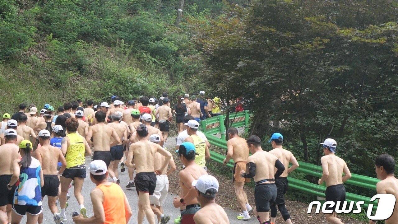 본문 이미지 - 2일 오전  '2023보은 속리산 말티재 힐링 알몸 마라톤대회'에 참가한 마라토너들이 힘차게 달리고 있다. (보은군 제공) /뉴스1 