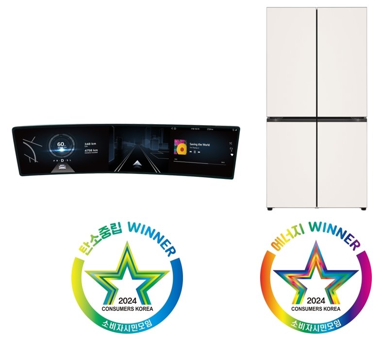 본문 이미지 -   탄소중립대상과 산업통상자원부 장관상을 함께 수상한 차량용 디스플레이 컨셉 이미지&#40;왼쪽&#41;와 에너지 대상을 받은 LG 디오스 오브제컬렉션 상냉장 하냉동 냉장고&#40;오른쪽&#41;. &#40;LG전자 제공&#41;
