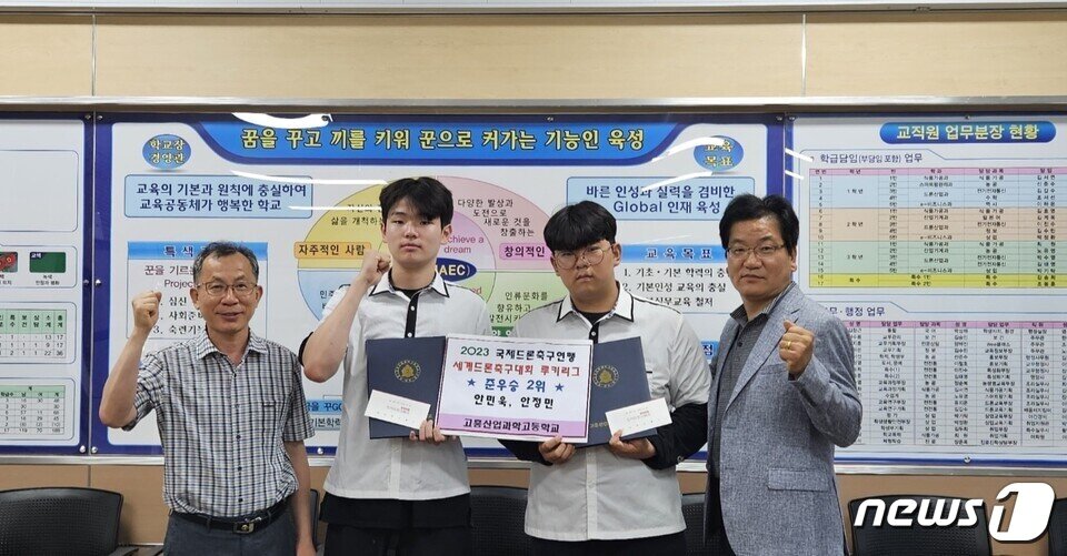 본문 이미지 - 고흥산업과학고(교장 김창근)- 드론산업과 2학년 안민욱, 안정민군이 세계드론대회(루키리그) 준우승에 이어 전국 드론 축구 '왕중왕'을 가리는 '2023 경상북도 전국 드론축구 대회 2부리그'에서 우승을 차지했다. 고흥산업과학고는 국제규격의 실내드론축구장과 실외 드론레이싱장을 보유, 드론레이싱과 드론축구 동아리 활동 등을 통해 지속적인 지도를 해오고 있다.(전남도교육청 제공)/뉴스1 