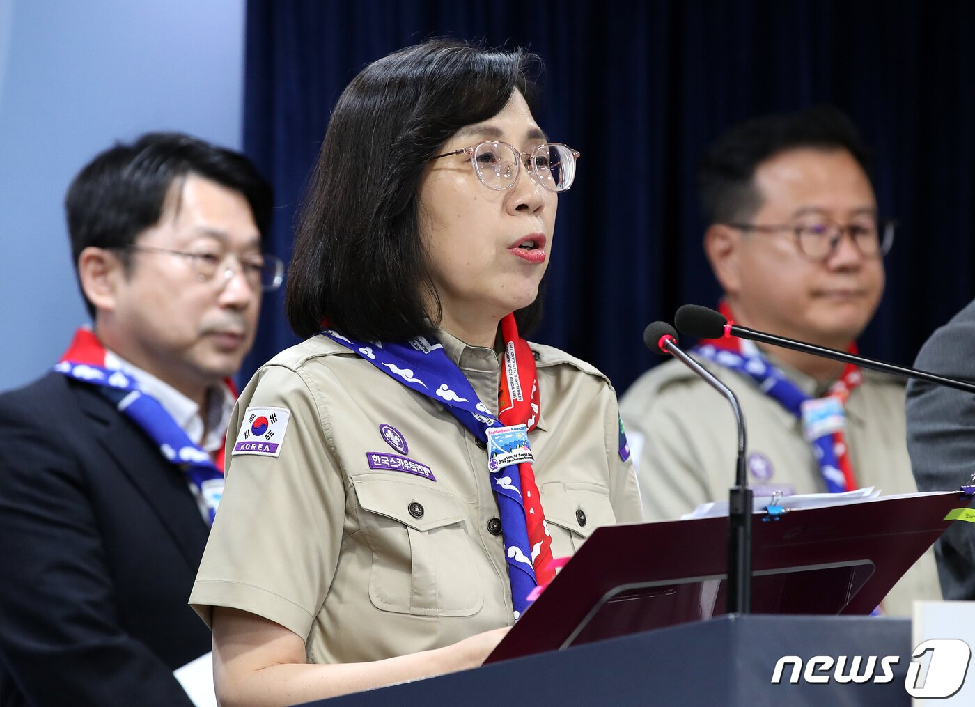 본문 이미지 - 김현숙 여성가족부 장관이 25일 서울 종로구 정부서울청사에서 2023 새만금 제25회 세계스카우트 잼버리 준비 상황을 발표하고 있다. 2023.7.25/뉴스1 ⓒ News1 박지혜 기자
