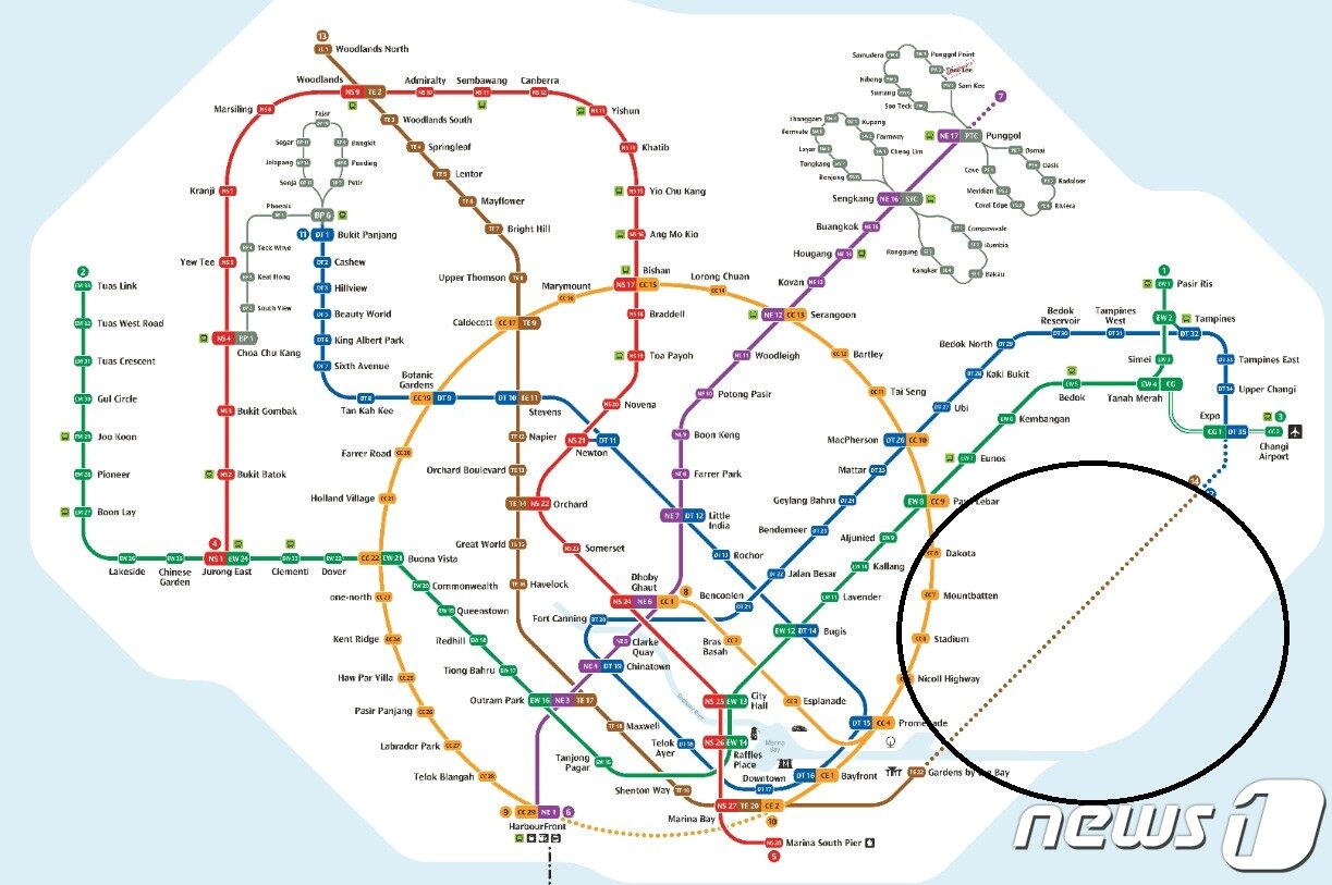 본문 이미지 - 싱가포르 도심지하철&#40;MRT&#41; 노선도. 검정색 원 부분이 쌍용건설을 포함해 국내 건설사들도 참여 중인 개통 예정 구간이다. 사진은 싱가포르 육상교통청&#40;LTA&#41; 홈페이지 캡처.