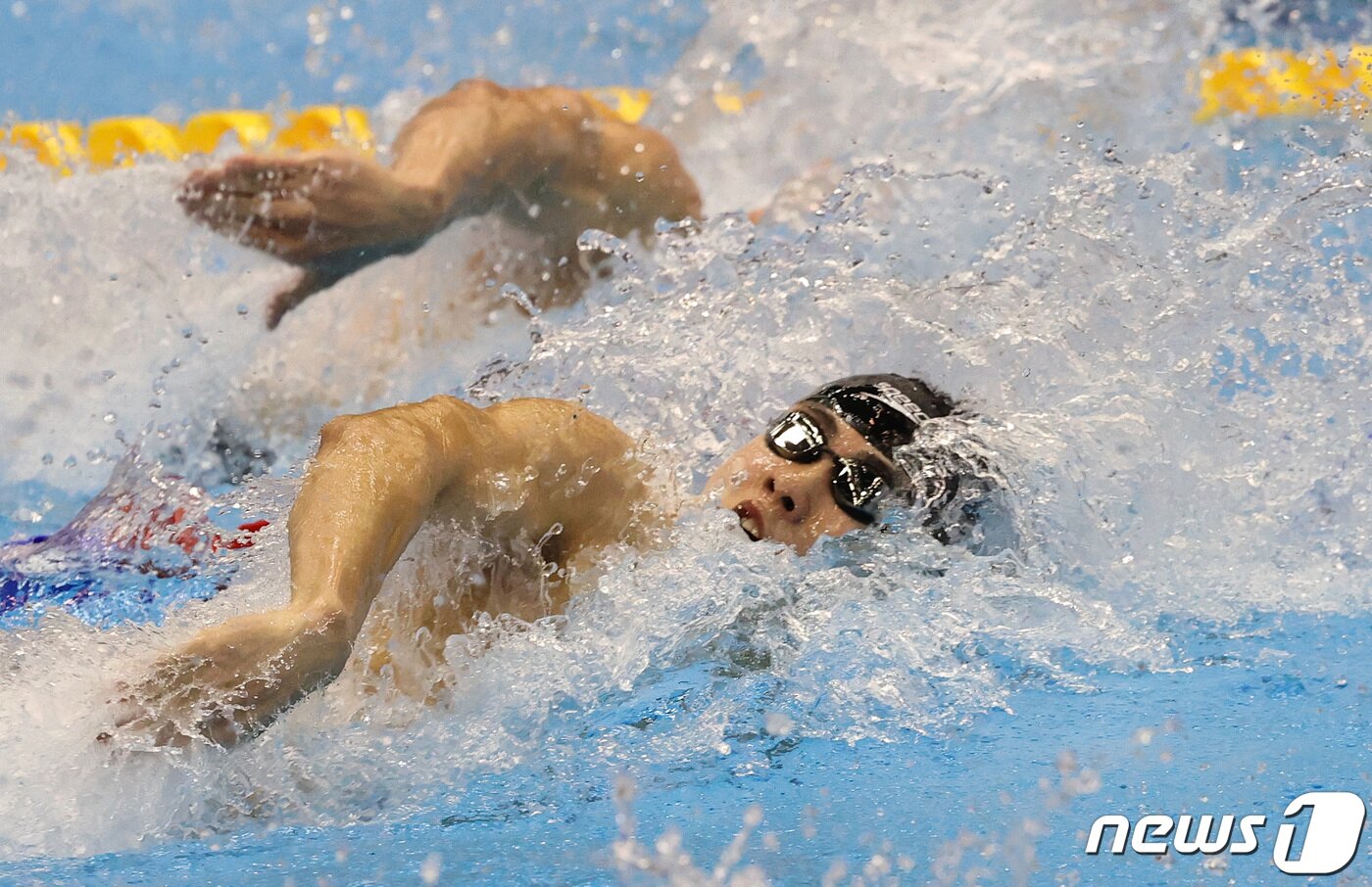 본문 이미지 - '대한민국 수영 간판' 황선우가 26일 오후 일본 후쿠오카 마린메세 후쿠오카홀에서 열린 '2023 세계수영선수권대회' 남자부 자유형 100m 준결선에서 역영하고 있다. 2023.7.26/뉴스1 ⓒ News1 구윤성 기자