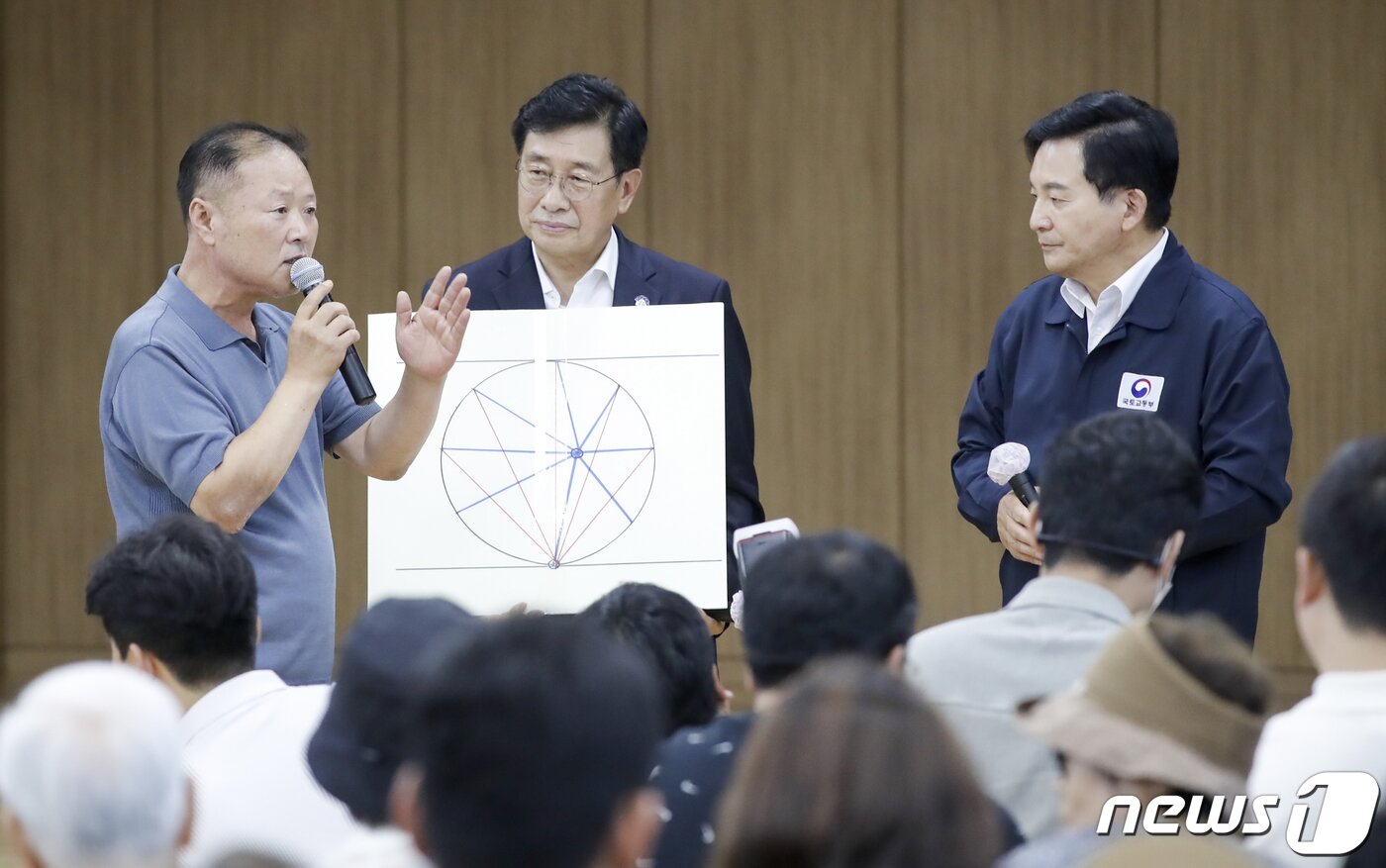 본문 이미지 - 원희룡 국토부장관과 전진선 양평군수가 27일 경기 양평군 강상면 서울-양평 고속도로 대안 노선 종점 인근에서 열린 주민간담회 및 현장점검에 참석해 주민 발언을 경청하고 있다. 2023.7.27/뉴스1 ⓒ News1 김도우 기자