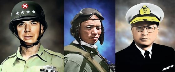국가보훈부가 인공지능(AI) 기술을 활용해 복원한 한국전쟁(6·25전쟁) 영웅들 사진. 왼쪽부터 밴 플리트 장군, 김두만 공군 대장, 손원일 해군 중장. (국가보훈부 제공)