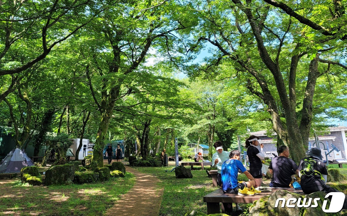 산지를 제외한 제주 전역에 폭염특보가 발효중인 30일 제주 한라산 관음사 야영장 인근의 나무 그늘 아래서 탐방객들이 휴식을 취하고 있다. 2023.7.30/뉴스1 ⓒ News1 강승남 기자