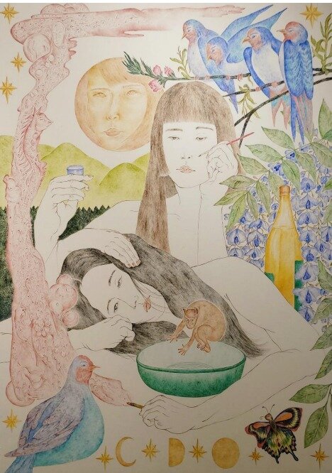 본문 이미지 - 김도연 Kim Do Yeon 화조의 술상 2023 장지에 유화 105x75cm 이미지 제공: 페이토갤러리