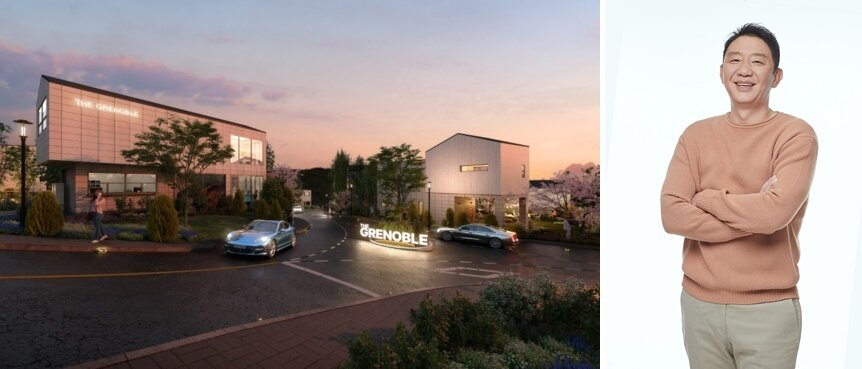 본문 이미지 - 세종 더그르노블 조감도(왼쪽)와 전속모델 허재(회사 제공) / 뉴스1