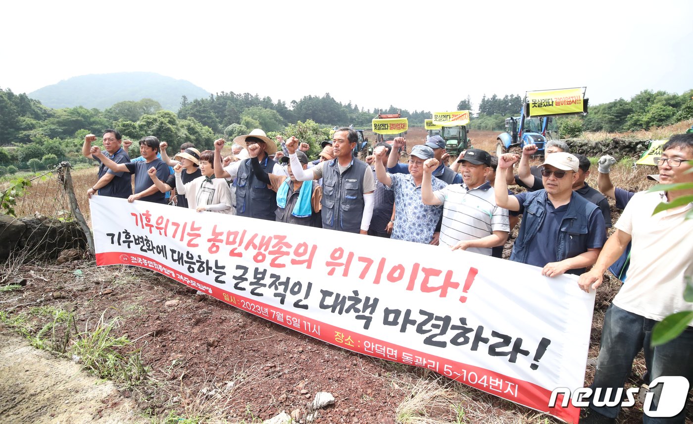 전국농민회총연맹 제주도연맹 관계자들이 5일 오전 제주 서귀포시 안덕면의 한 메밀밭에서 기후위기 농업 피해 구제 대책 마련을 촉구하는 기자회견을 하고 있다. 2023.7.5/뉴스1 ⓒ News1 오현지 기자