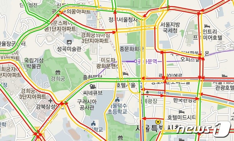 5일 오후3시40분쯤 서울 세종대로~광화문 일대 교통상황. &#40;TOPIS 제공&#41;