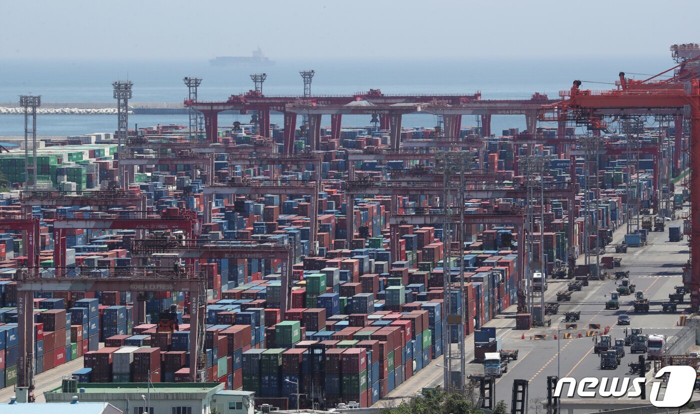 본문 이미지 - 1일 부산항 신선대부두에 컨테이너가 가득 쌓여 있다. 2023.8.1/뉴스1 ⓒ News1 윤일지 기자