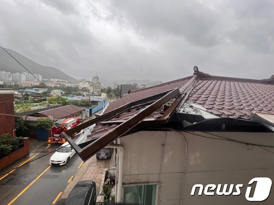 본문 이미지 - 10일 오전 6시10분쯤 전남 여수시 미평동의 한 주택가에서 샷시가 떨어져 인근 가구 주택에 걸린 상태라는 신고가 접수돼 소방당국이 조치 중이다. (전남소방본부 제공) 2023.8.10/뉴스1 ⓒ News1 이수민 기자