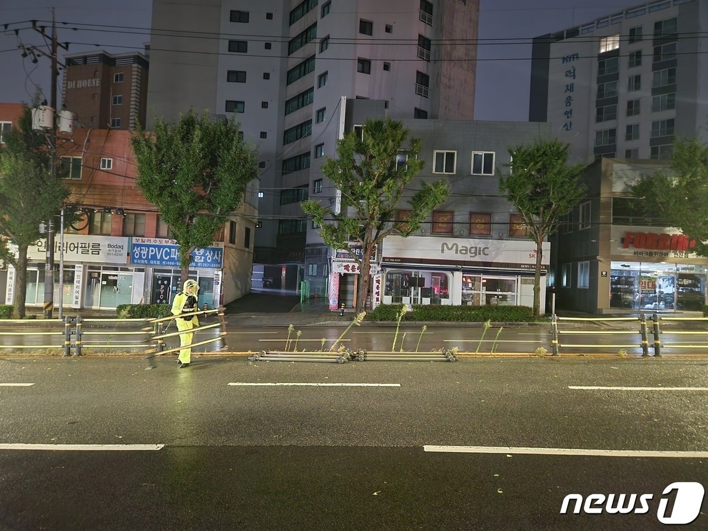 본문 이미지 - 10일 오전 5시쯤 부산 연제구 과정로에 중앙분리대 9칸이 파손돼 있다. (부산경찰청 제공)