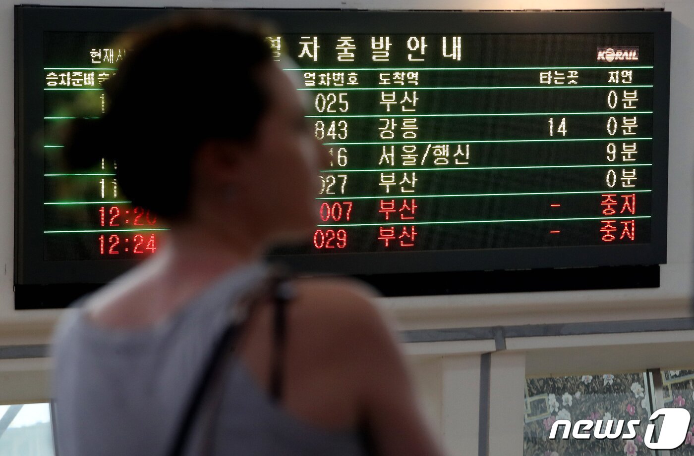 본문 이미지 - 제6호 태풍 '카눈'이 북상중인 10일 오전 서울 중구 서울역 대합실 전광판에 열차 중단 안내문구가 나오고 있다. 2023.8.10/뉴스1 ⓒ News1 이동해 기자