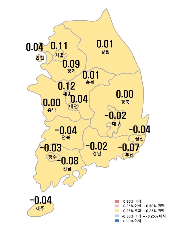 본문 이미지 - 8월 1주 시도별 아파트 전세가격지수 변동률(부동산원 제공)