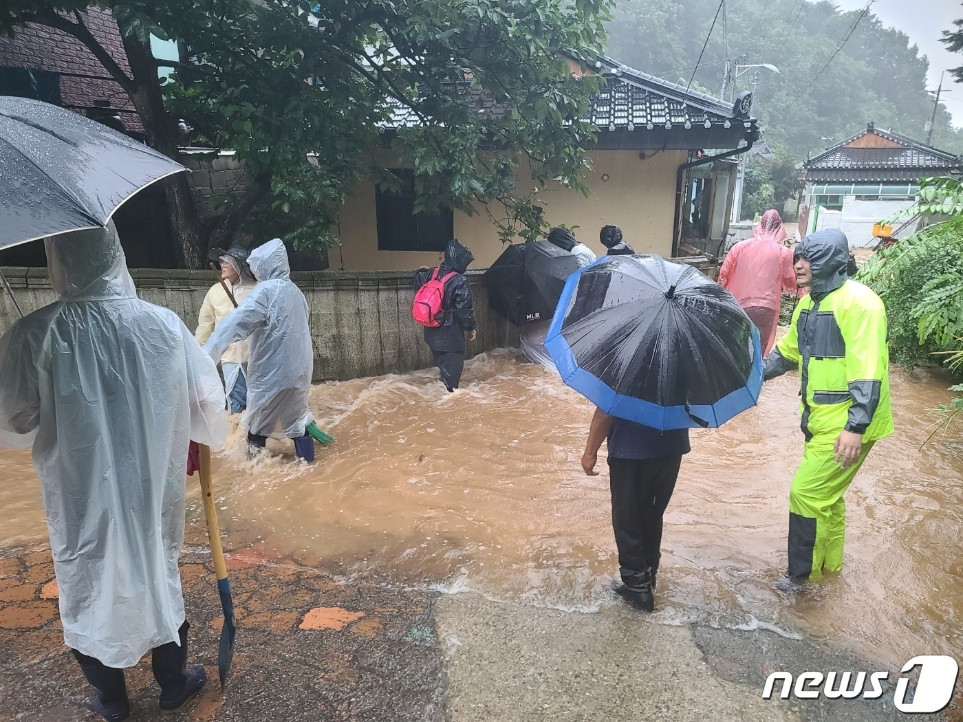 제6호 태풍 &#39;카눈&#39;의 영향으로 시간당 90㎜에 육박하는 폭우가 쏟아진 강원 고성군 거진읍 거진리 행랑골 주민들이 대피령에 따라 거진초등학교로 대피하고 있다. 오는 11일까지 강릉지역을 비롯한 강원 동해안에는 최대 500㎜의 폭우가 예보돼 있다. &#40;고성군 제공&#41; 2023.8.10/뉴스1 ⓒ News1 윤왕근 기자