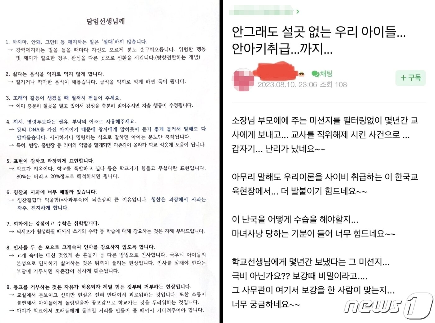 본문 이미지 - (전국초등교사노동조합 제공/ 온라인 카페 갈무리)