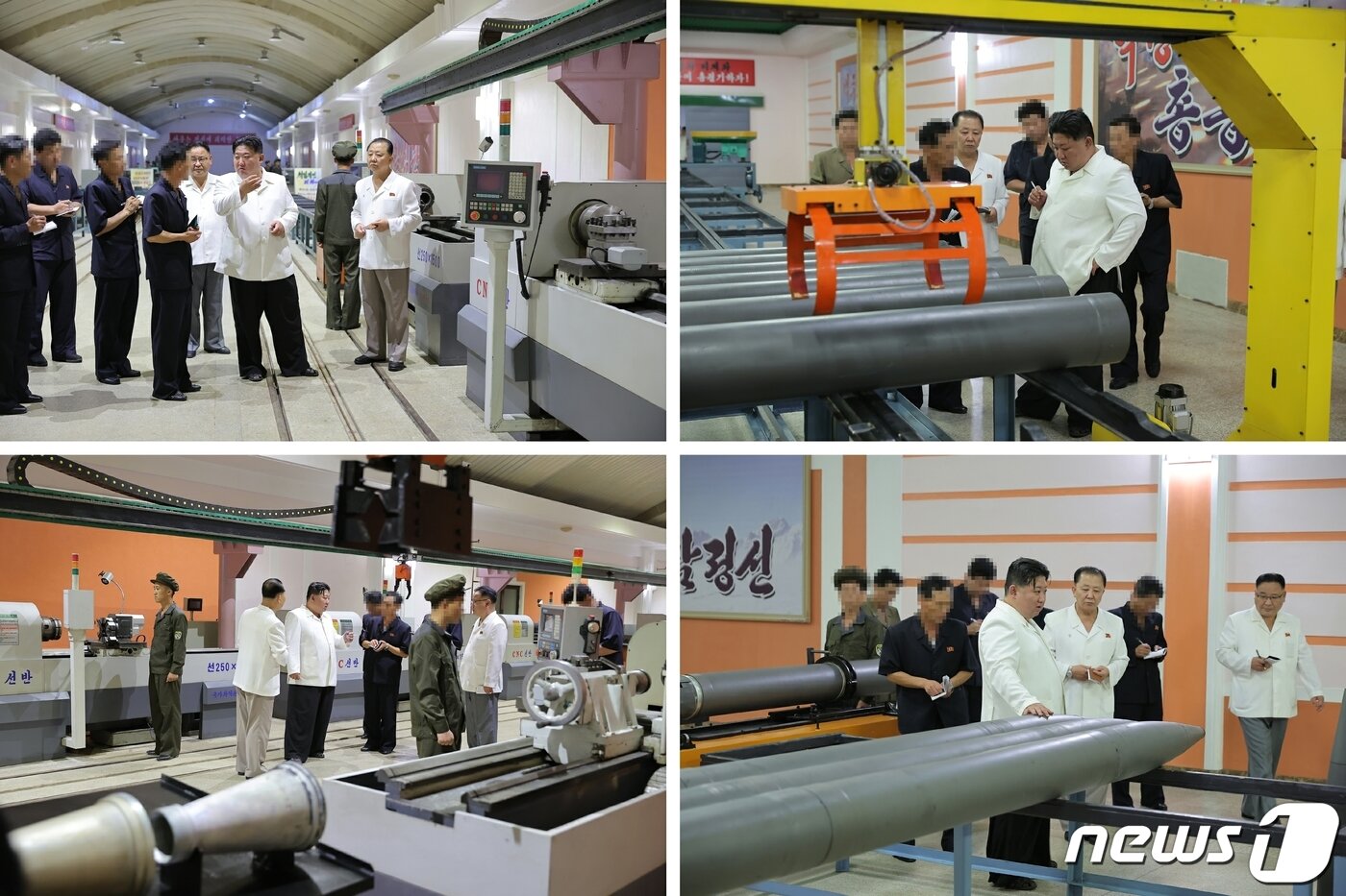 North Korean state media photos from February 2023 show Kim inspecting tactical missile production plants and other military factories, but at that time, the faces of civilian-clad officials were deliberately blurred. / Rodong Sinmun