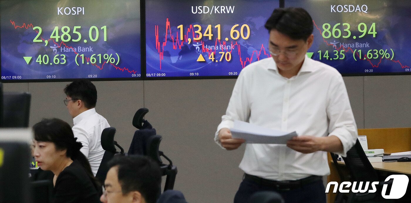 본문 이미지 - 17일 오전 서울 중구 하나은행 명동점 딜링룸에서 개장 시황이 나오고 있다. 중국 대형 부동산 개발업체 비구이위안의 채무불이행(디폴트) 위기에 이날 코스피는 하락 출발해 장중 2500선이 무너지고 원달러 환율은 상승해 1340원을 돌파하며 개장했다. 2023.8.17/뉴스1 ⓒ News1 박세연 기자