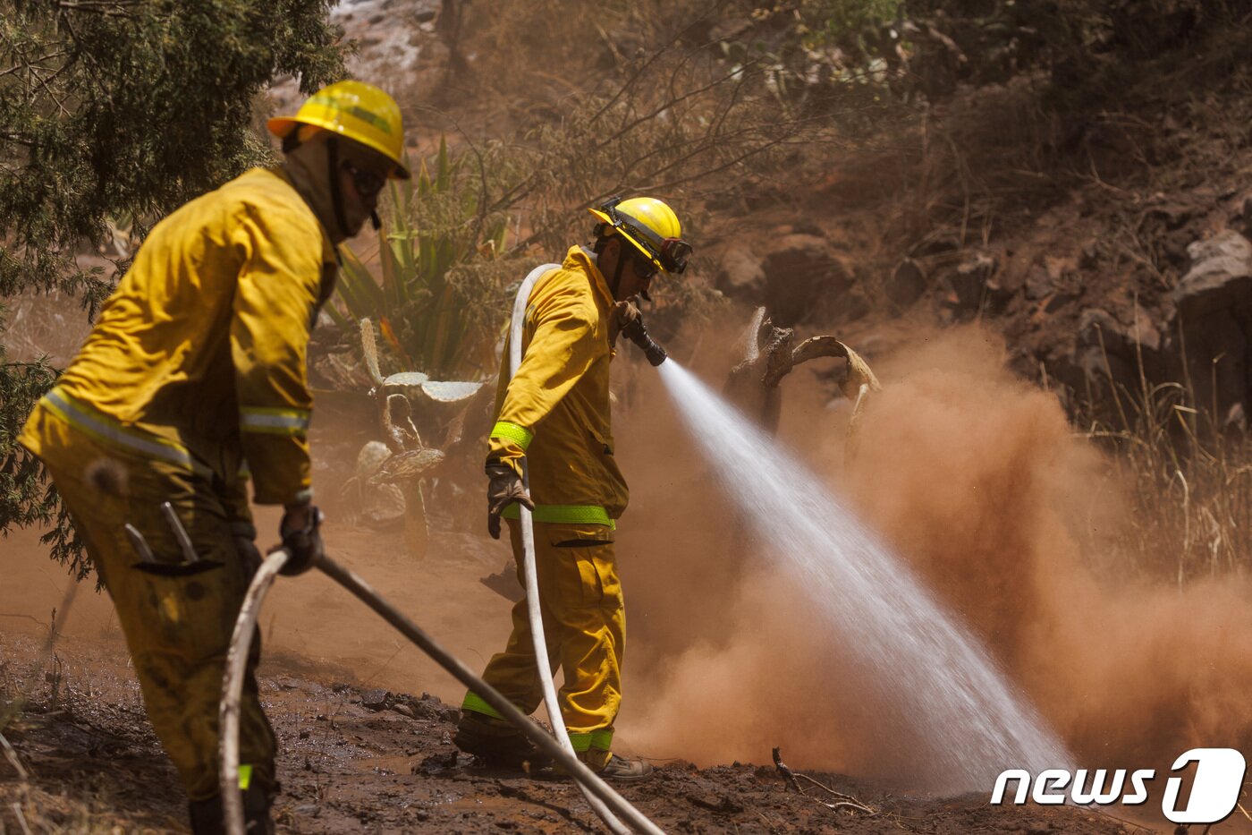 본문 이미지 - 13일(현지시간) 하와이 마우이섬에서 소방대원들이 산불을 진압하고 있다. 2023.08.13/ ⓒ 로이터=뉴스1 ⓒ News1 박재하 기자