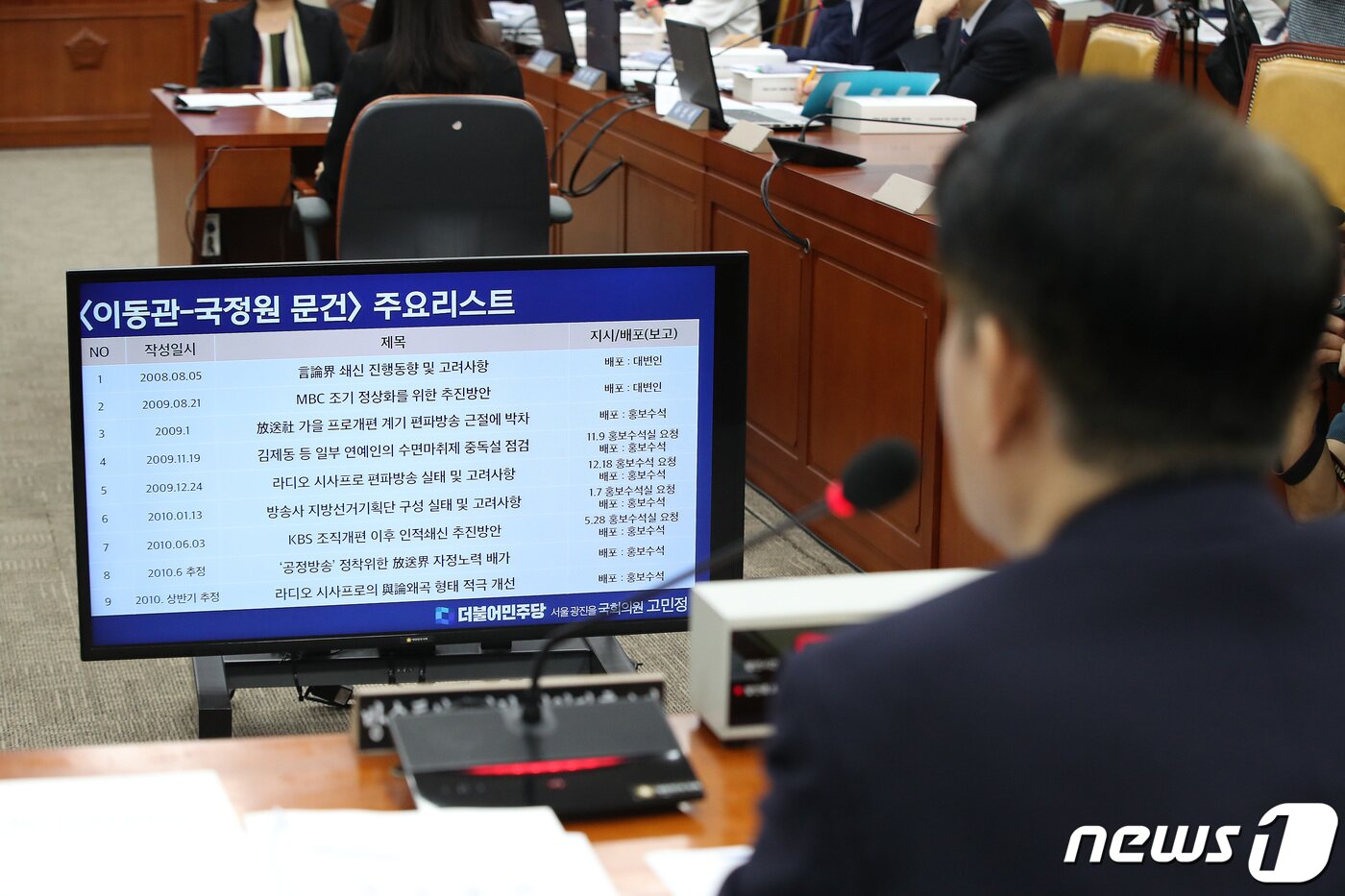 본문 이미지 - 이동관 방송통신위원장 후보자가 18일 오전 서울 여의도 국회 과학기술정보방송통신위원회에서 열린 인사청문회에서 고민정 더불어민주당 의원이 공개한 '이동관-국정원 문건' 주요리스트를 바라보고 있다. 2023.8.18/뉴스1 ⓒ News1 임세영 기자