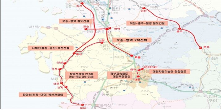 본문 이미지 - 충청권 철도건설사업 현황도.(국가철도공단 제공)