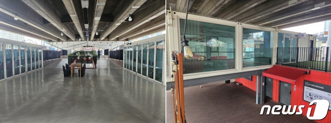 본문 이미지 - 부산 수영구 망미동 비콘 그라운드의 비어있는 상가들. 2023.8.28/뉴스1 ⓒ News1 권영지 기자