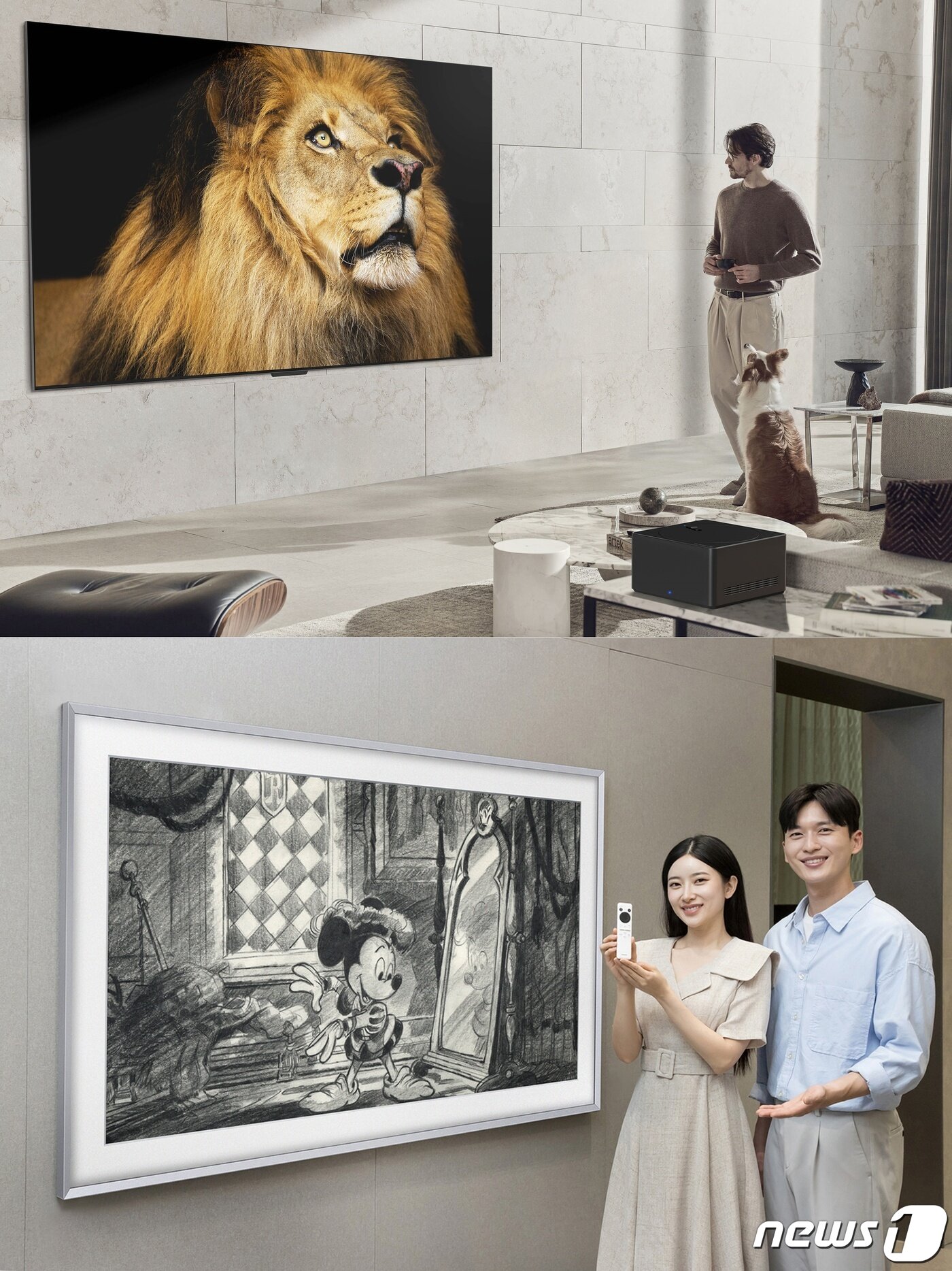 본문 이미지 -  LG전자 97형 무선 올레드 TV 'LG 시그니처 올레드 M'(위), 삼성전자 라이프스타일 TV '더 프레임(The Frame) 디즈니 100주년 에디션'(아래). (각 사 제공) 