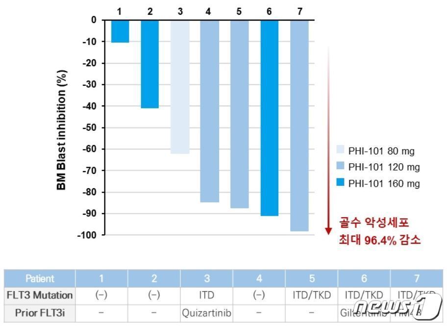 본문 이미지 - 급성골수성백혈병 대상 PHI-101 임상 1a상 중간결과.(금융감독원 자료)