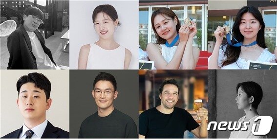 본문 이미지 - (윗줄 왼쪽부터) 대홍기획 김현·송서율 아트디렉터, SK텔레콤 박하은·류샤론 매니저 (아랫줄 왼쪽부터) 제일기획 이시섭 프로, 대홍기획 강태호 본부장, AB인베브 알렉산더 람브레트 부사장, 포인트오브뷰 김재원 대표. /사진제공 = 칸라이언즈코리아