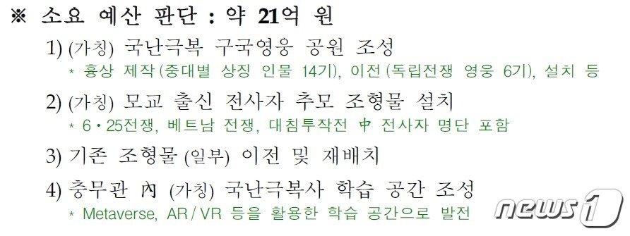 육군사관학교 기념물 재정비 계획 문서 중 일부.  독립유공자 동상 6기를 교내 &#39;국난극복 구국영웅 공원&#39;을 조성해 이전 설치한다는 계획이 담겨있다. 